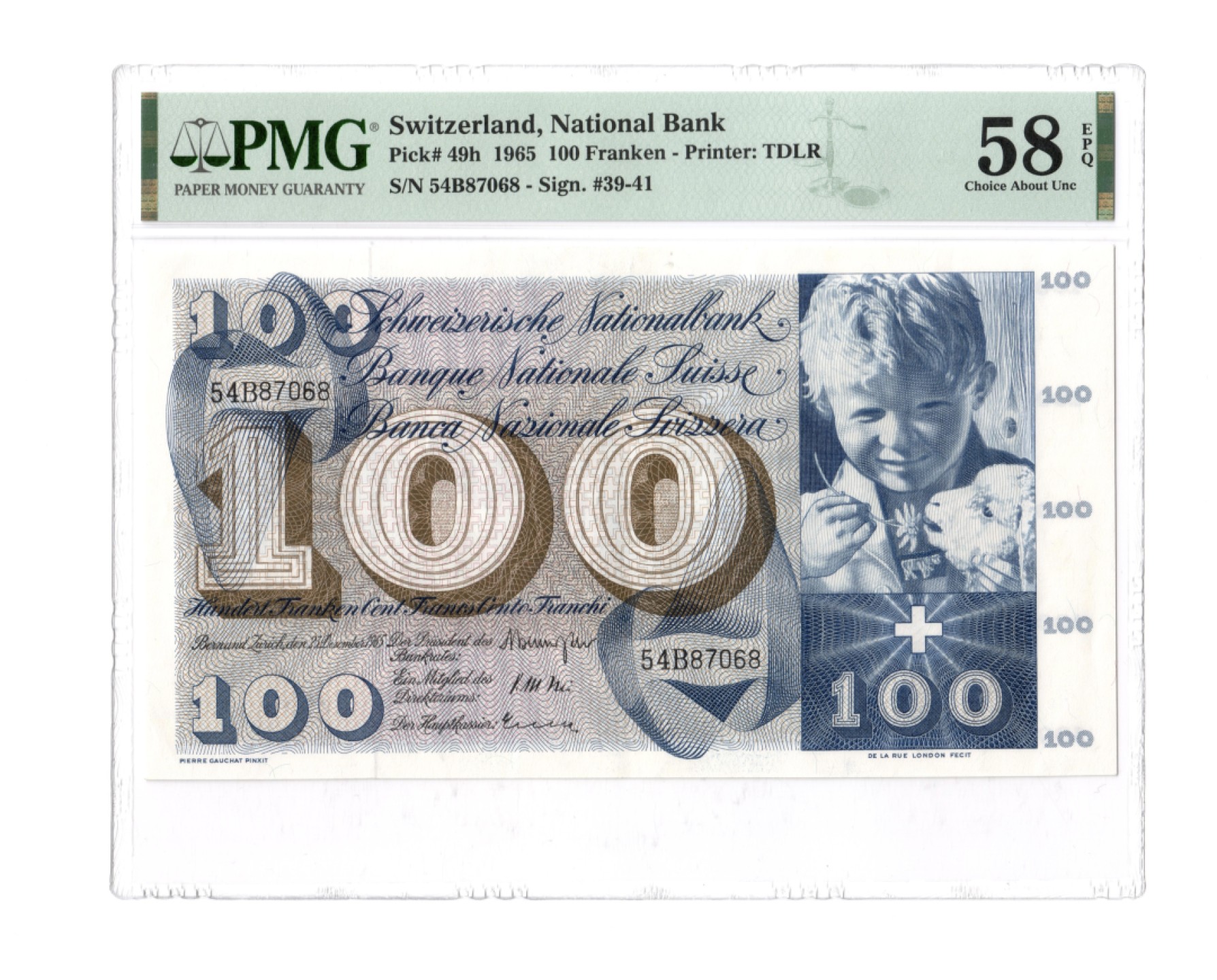 收藏联盟Quantum Auction 第191期拍卖(再次更新) 瑞士1965年100法郎 PMG58e 稀少早期年份唯一冠军分