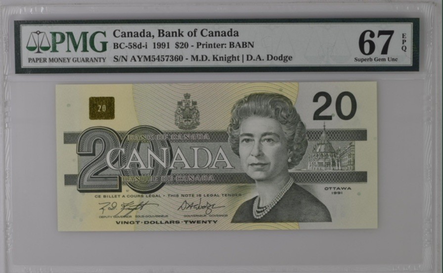 收藏联盟Quantum Auction 第191期拍卖(再次更新) 加拿大1991年20元 PMG67 女王头像