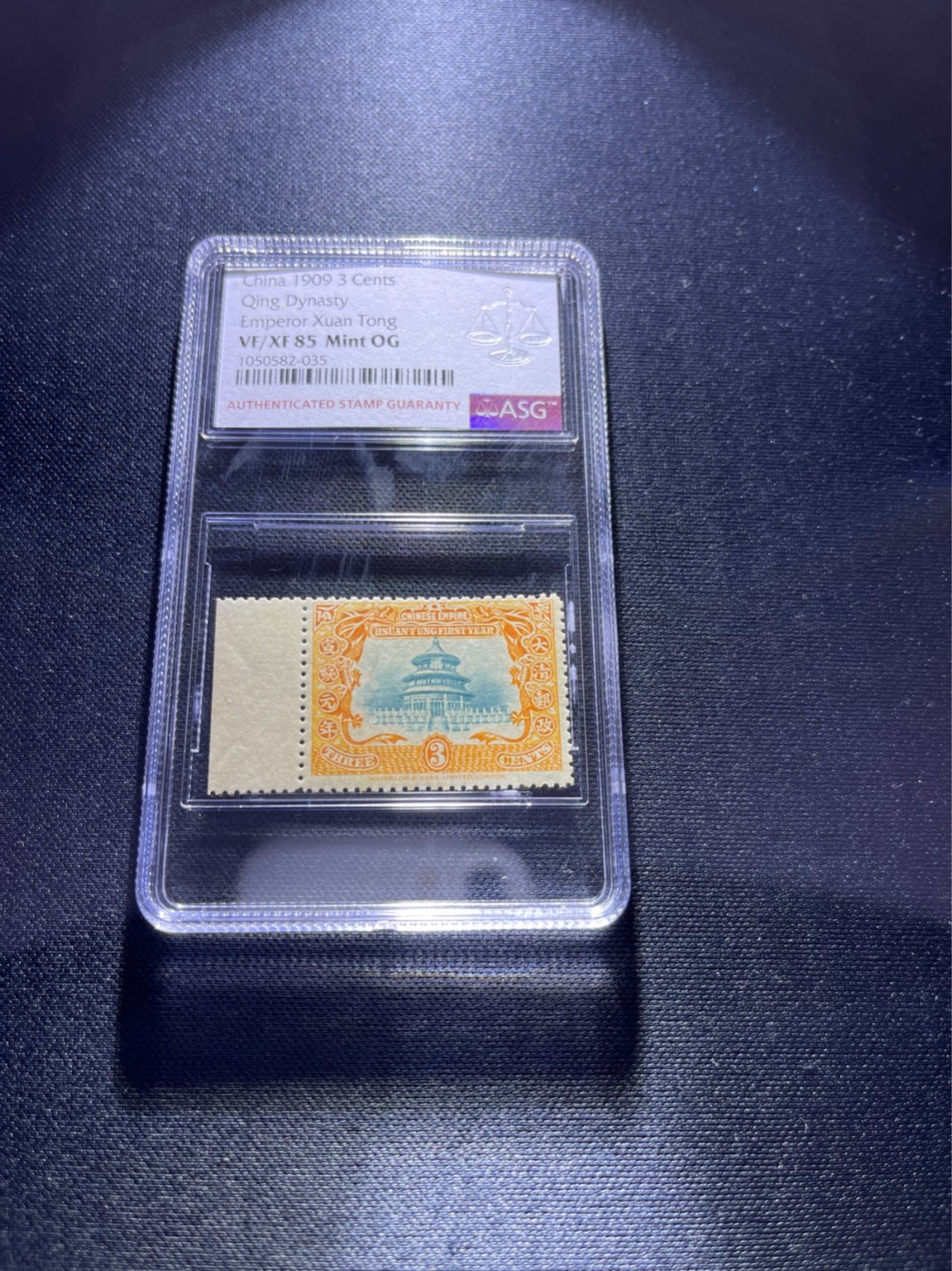 洪涛臻品 精选邮票限时拍卖第三十期 宣统登基邮票新  总筋3分 ASG85分一枚，OG，撕大块送评，边纸，背胶润，齿孔饱满，高配版85分，状态极佳，105最严格出分，可以砸壳博90分。3分总筋，注意捡漏