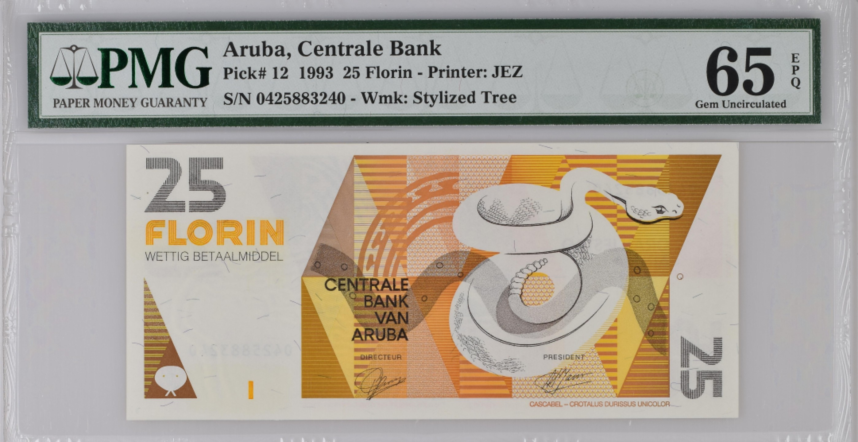 收藏联盟Quantum Auction 第192期拍卖(再次更新) 阿鲁巴岛1993年25弗洛林 PMG65 初版响尾蛇