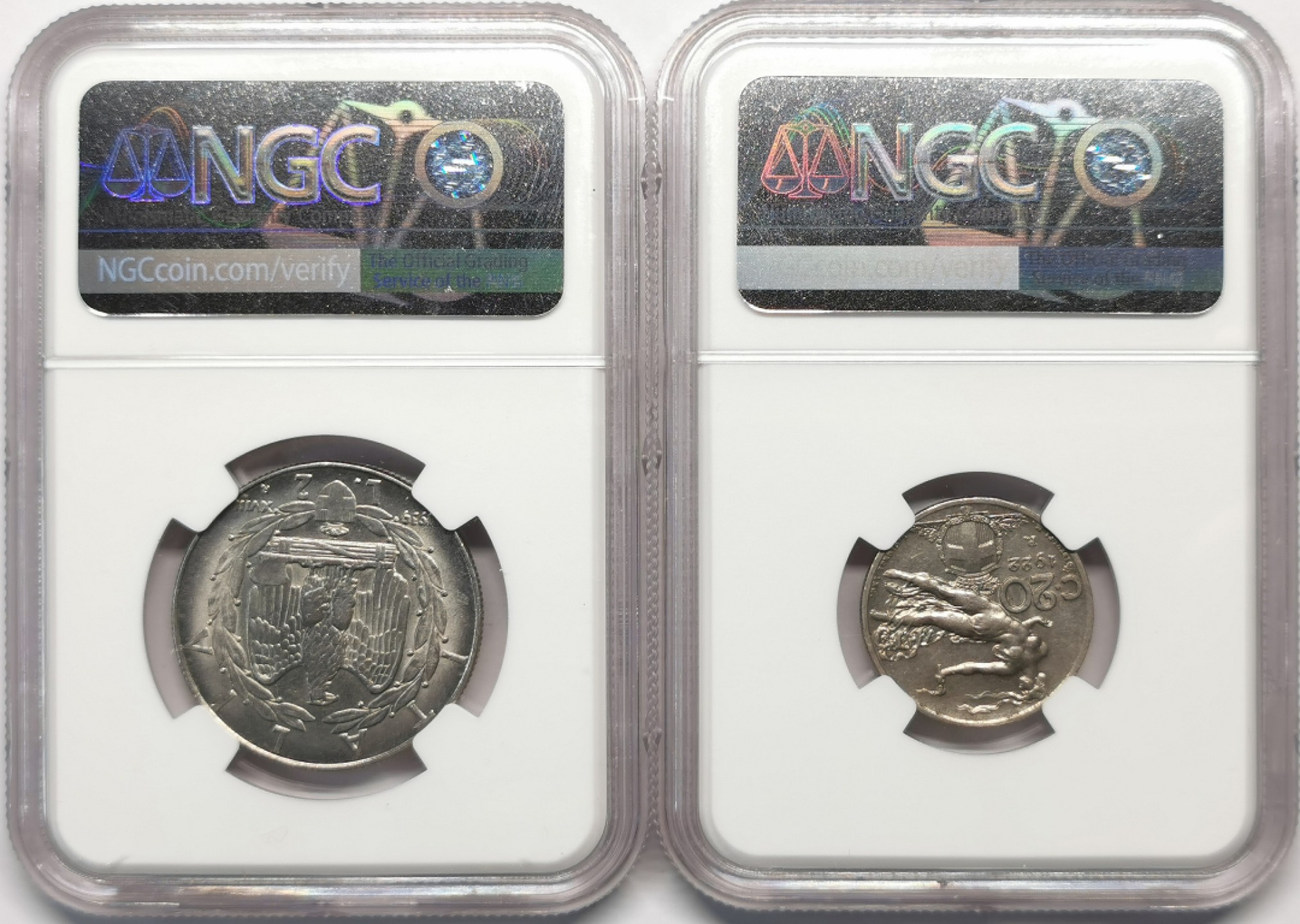 凡希社世界钱币微拍第二百十二期 意大利2里拉与20分两枚一组NGC-MS64/62