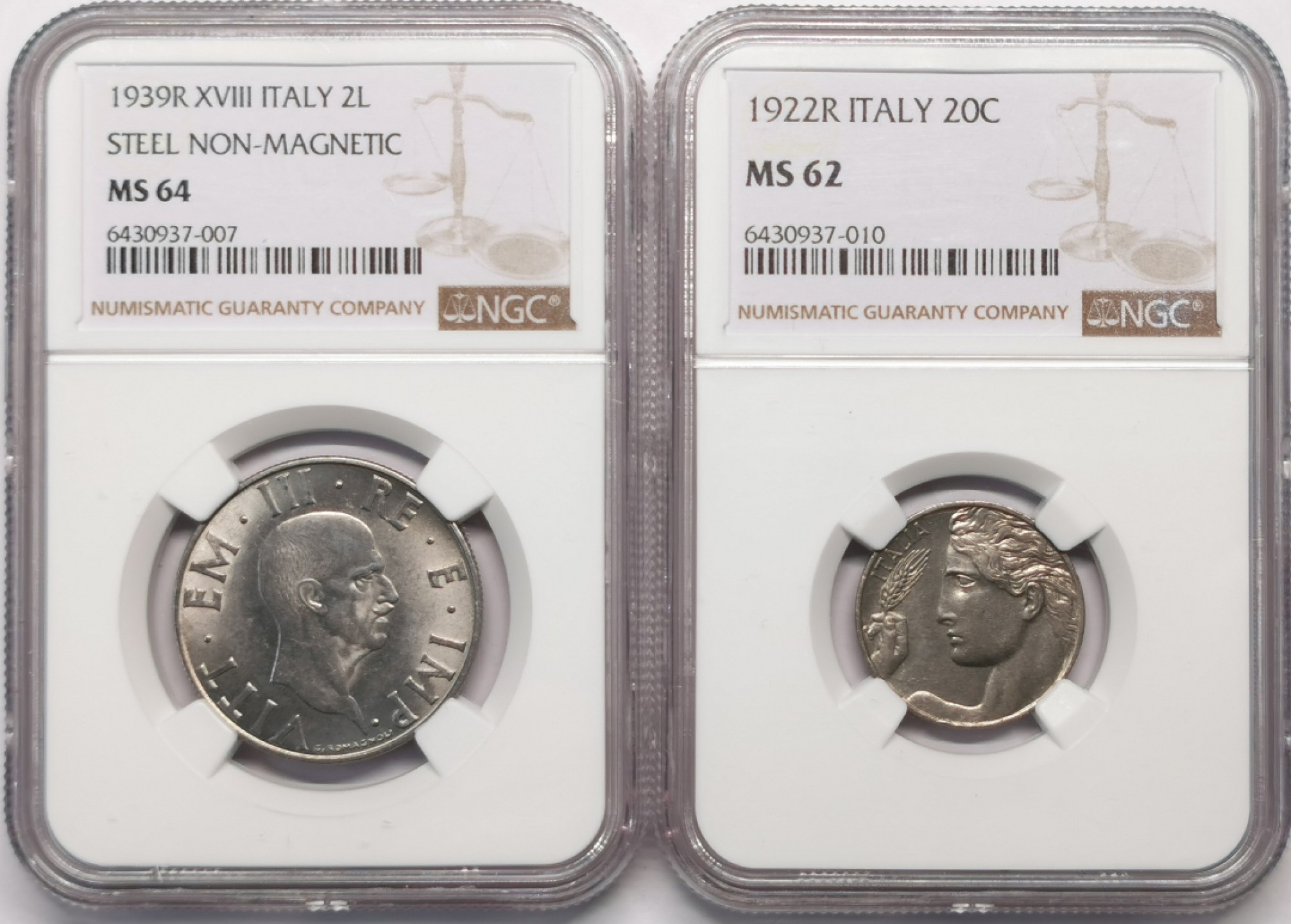 凡希社世界钱币微拍第二百十二期 意大利2里拉与20分两枚一组NGC-MS64/62
