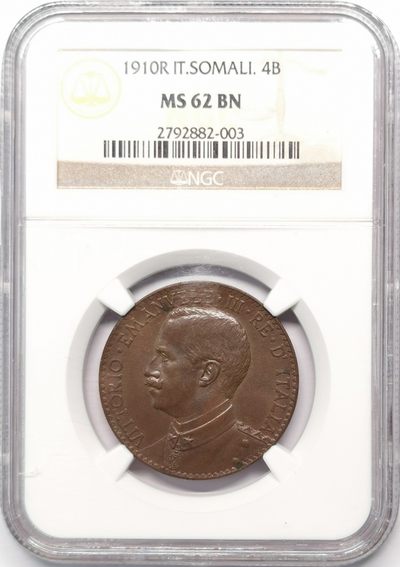 凡希社世界钱币微拍第二百十二期 - 稀！1910R意属索马里4Besa大铜NGC-MS62冠军分！
