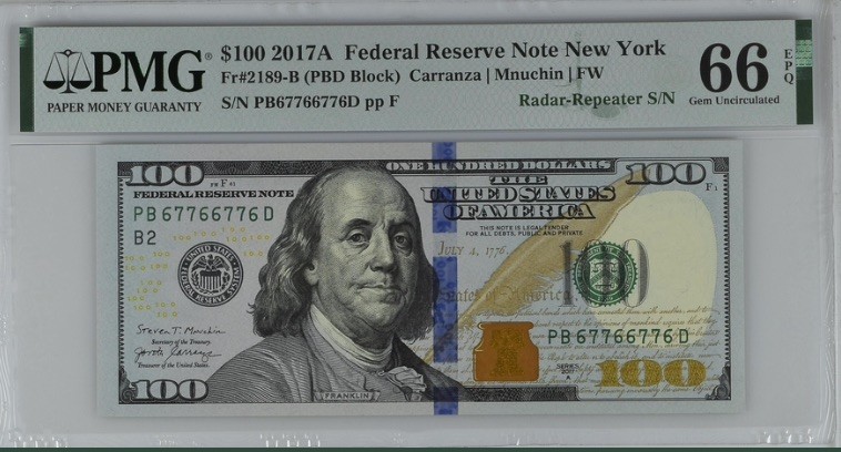 收藏联盟Quantum Auction 第192期拍卖(再次更新) 美国2017年联邦储备券100元 PMG66 雷达号&重复号 号码无4