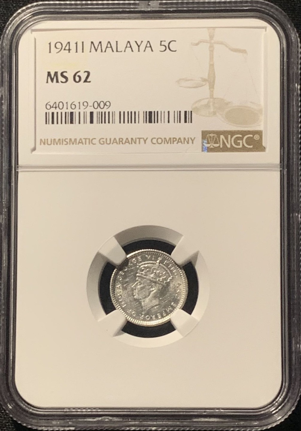 紫瑗钱币——第244期拍卖 马来亚 1941年 i版 乔治六世 5分 银币 NGC MS62