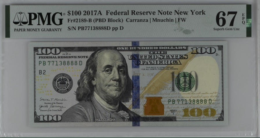 收藏联盟Quantum Auction 第192期拍卖(再次更新) 美国2017年联邦储备券100元 PMG67 狮子号8888