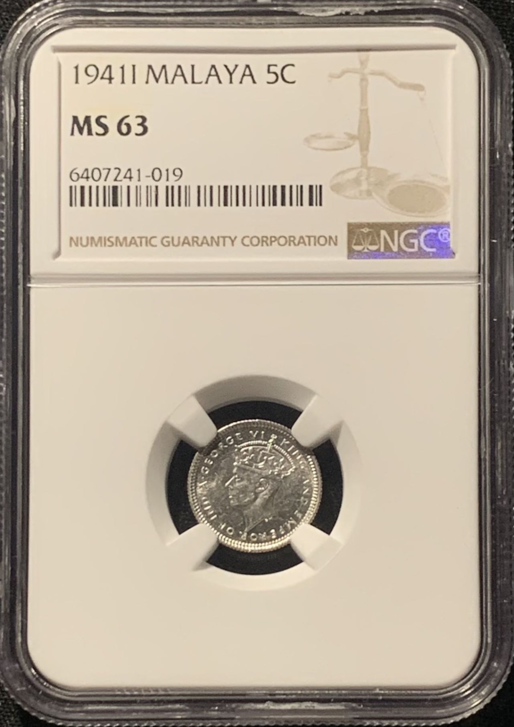 紫瑗钱币——第244期拍卖 马来亚 1941年 i版 乔治六世 5分 银币 NGC MS63