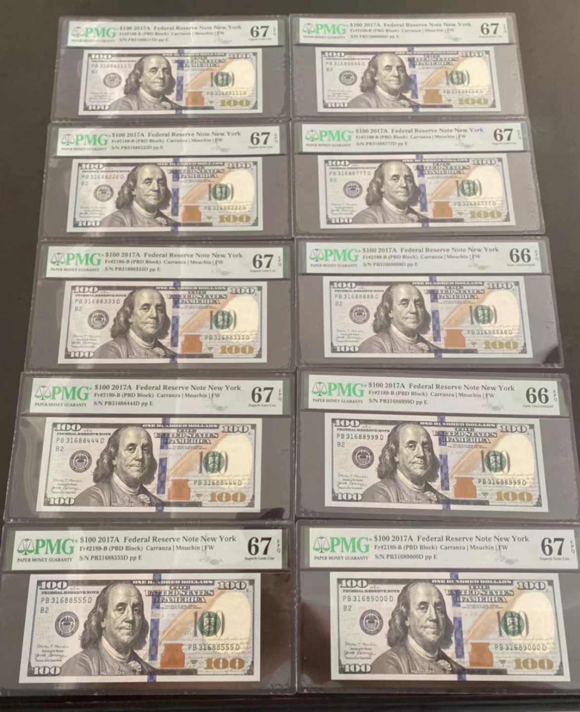 收藏联盟Quantum Auction 第192期拍卖(再次更新) 美国2021年联邦储备券标十连豹子号 PMG66-67  其中一张是88888大象号 无47