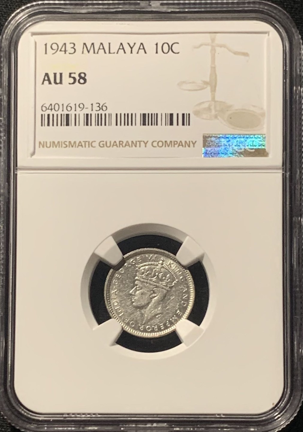 紫瑗钱币——第244期拍卖 马来亚 1943年 乔治六世 10分 银币 NGC AU58
