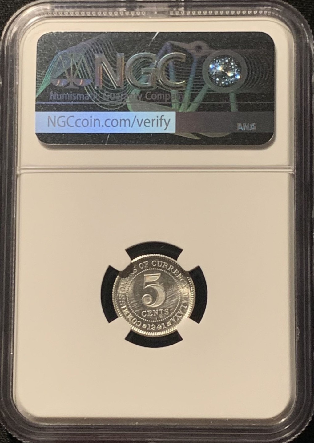 紫瑗钱币——第244期拍卖 马来亚 1941年 i版 乔治六世 5分 银币 NGC MS62