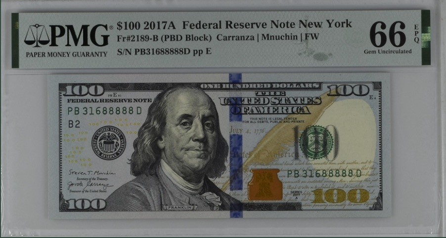 收藏联盟Quantum Auction 第192期拍卖(再次更新) 美国2021年联邦储备券标十连豹子号 PMG66-67  其中一张是88888大象号 无47