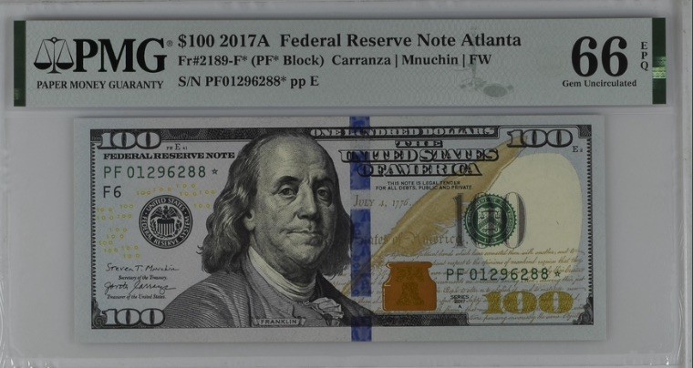 收藏联盟Quantum Auction 第192期拍卖(再次更新) 美国2017年联邦储备券100元 PMG66 星补号 号码无47 尾88