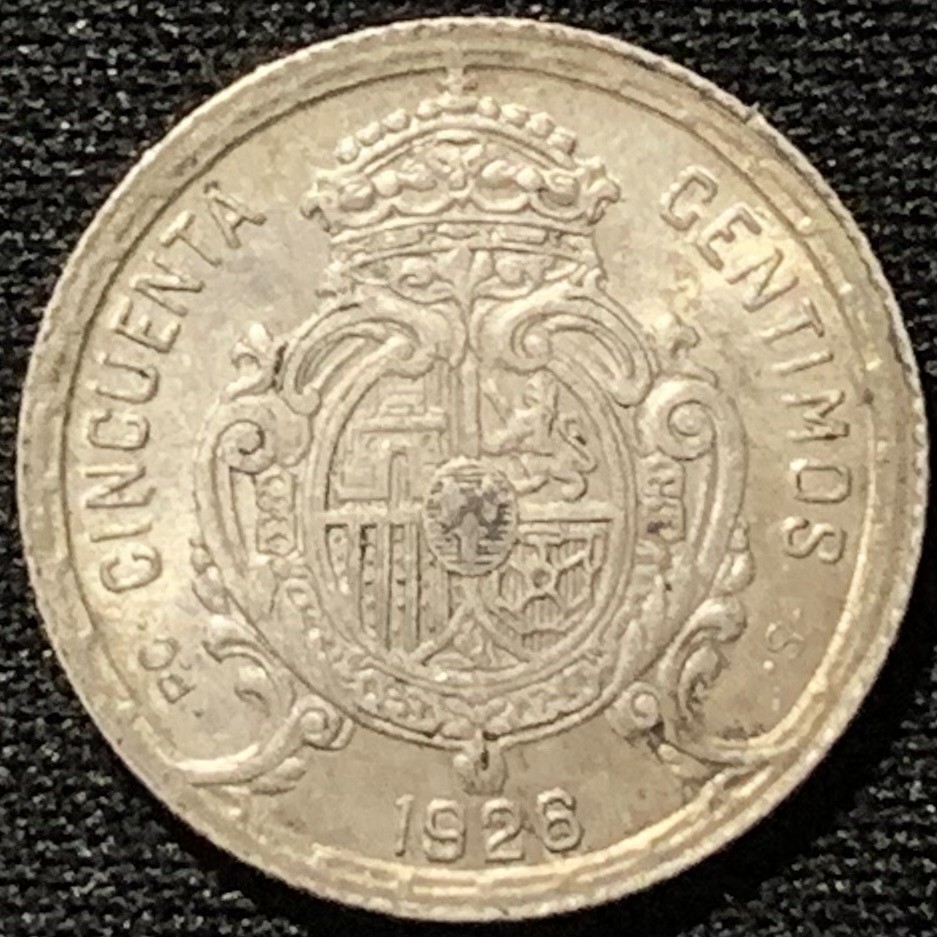 紫瑗钱币——第216期拍卖 西班牙 1926年 阿方索十三世 50分 2.5克 0.835银 UNC
