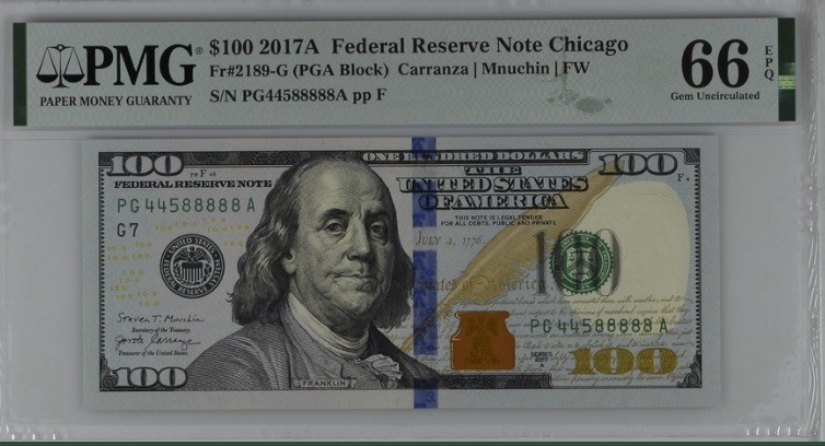 收藏联盟Quantum Auction 第192期拍卖(再次更新) 美国2017年联邦储备券100元 PMG66 老虎号88888