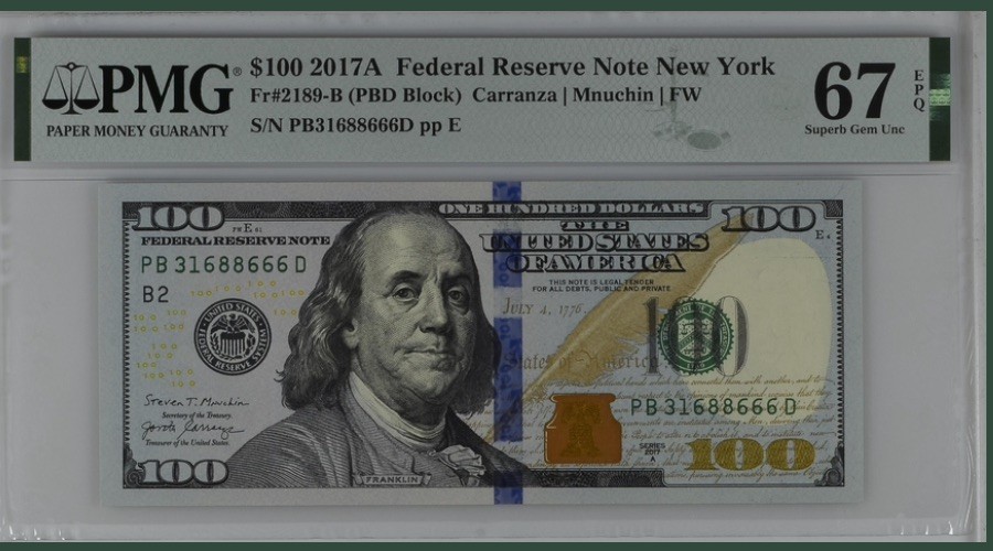 收藏联盟Quantum Auction 第192期拍卖(再次更新) 美国2021年联邦储备券标十连豹子号 PMG66-67  其中一张是88888大象号 无47