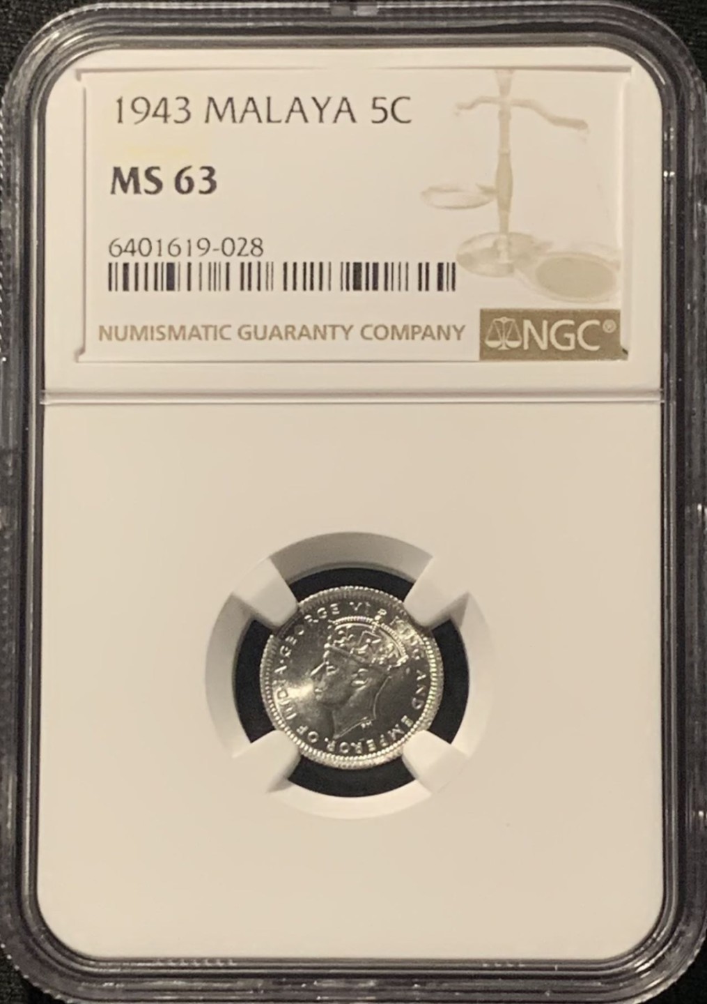 紫瑗钱币——第244期拍卖 马来亚 1943年 乔治六世 5分 银币 NGC MS63
