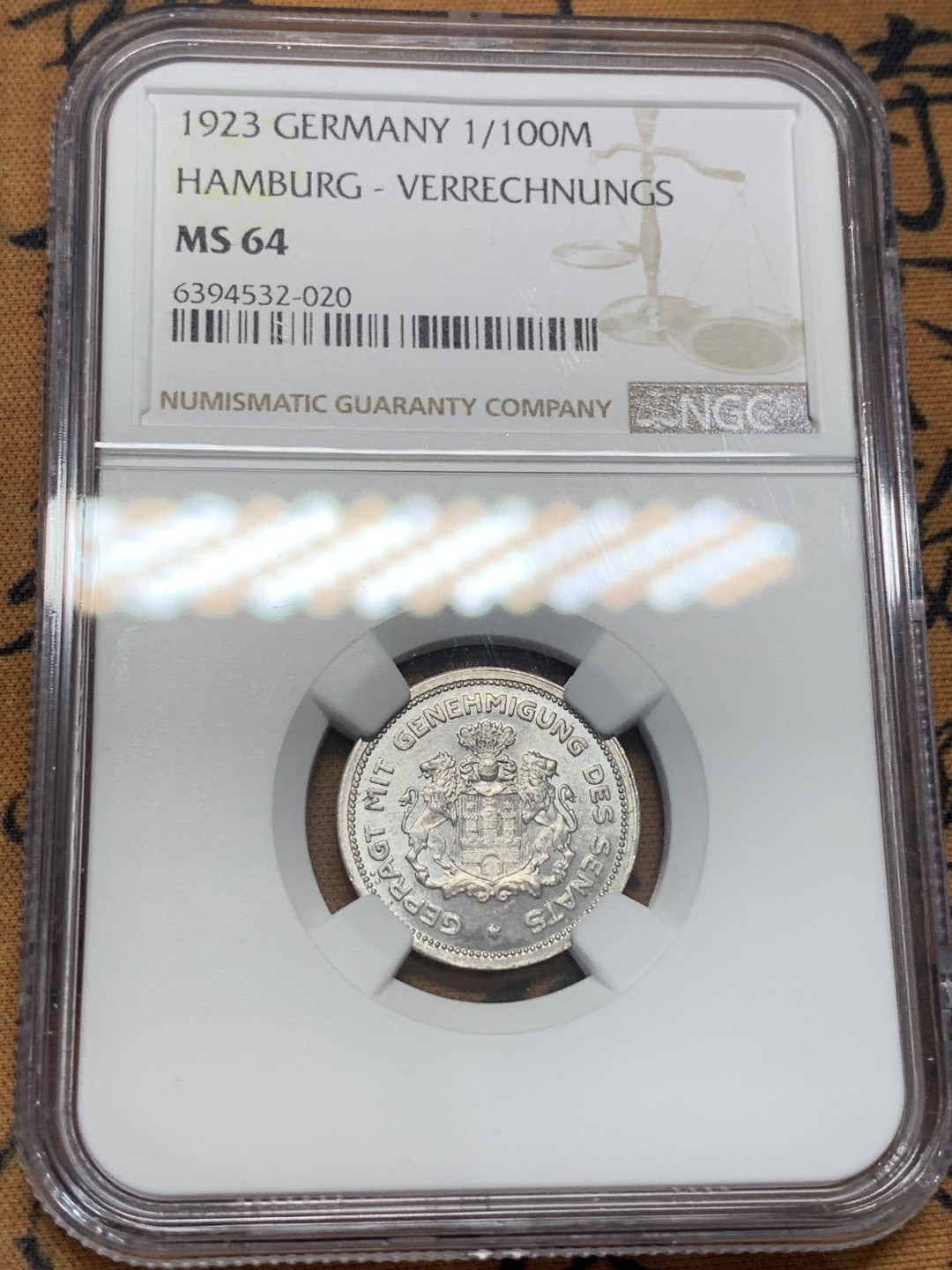 《竞宝斋》第95场-本周日，周一，周四，3场连拍（全场不限金额包邮） NGC冠军分两枚 德国紧急状态货币 汉堡结算马克1/10、1/100马克铝币一对 转光强烈 打制清晰 一步到位的藏品 