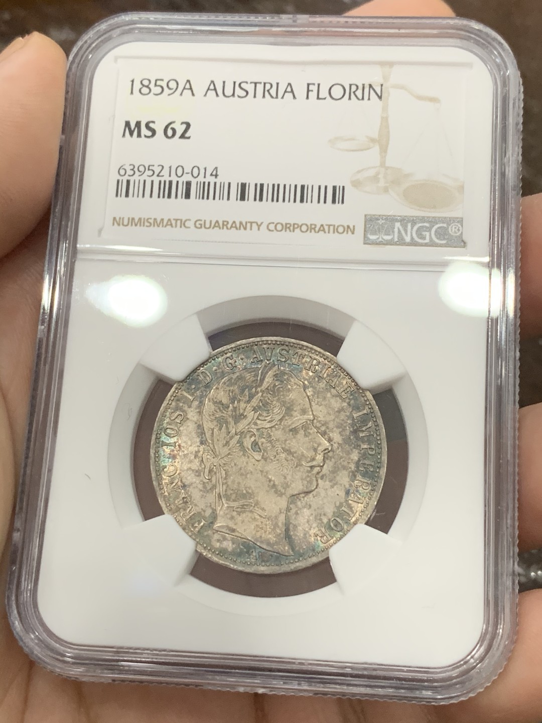 《竞宝斋》第95场-本周日，周一，周四，3场连拍（全场不限金额包邮） NGC-MS62 奥地利 1859年 佛兰茨一世 1福林银币 暴涨品种