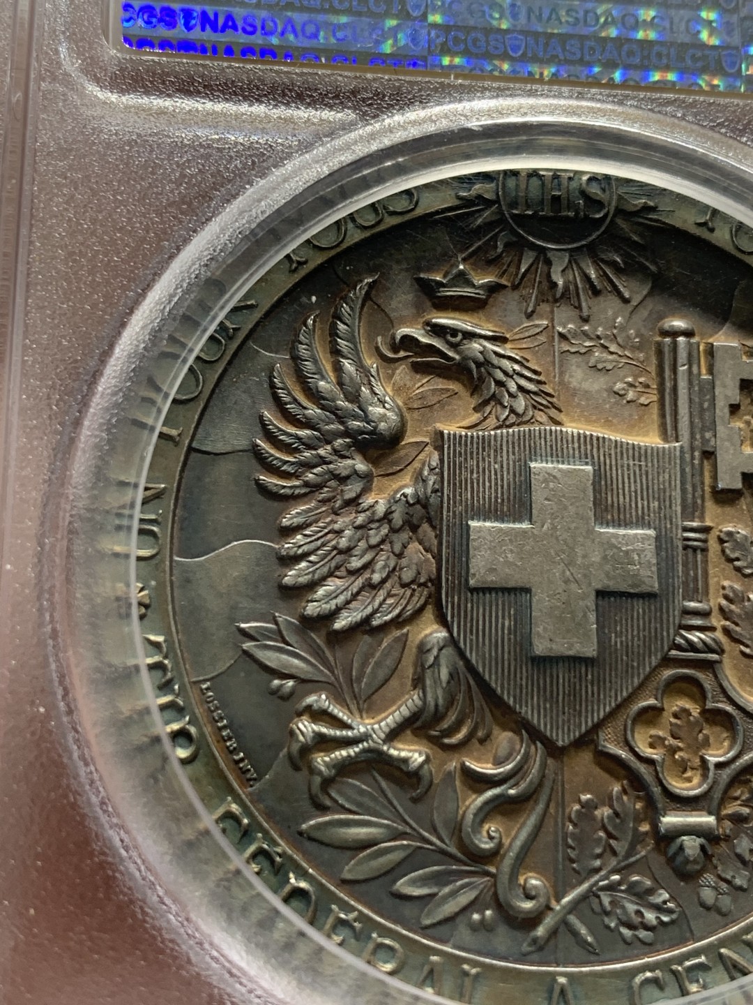 《竞宝斋》第95场-本周日，周一，周四，3场连拍（全场不限金额包邮） PCGS-MS62 1887 瑞士日内瓦射击节 银章 细节好 淡金包浆围绕人像 非常漂亮