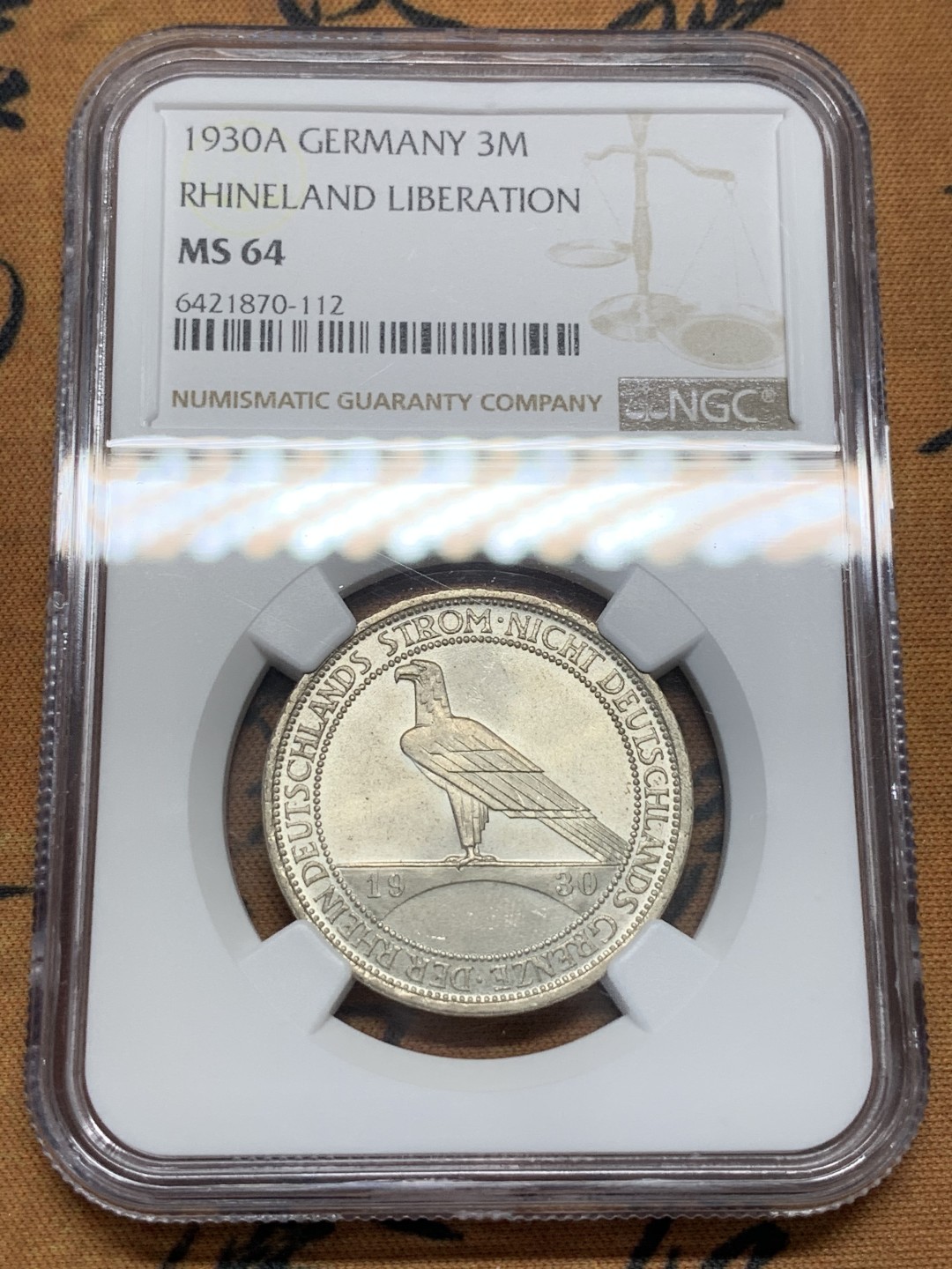 《竞宝斋》第95场-本周日，周一，周四，3场连拍（全场不限金额包邮） NGC-MS64 魏玛德国1930年莱茵解放 鹰桥3马克纪念银币