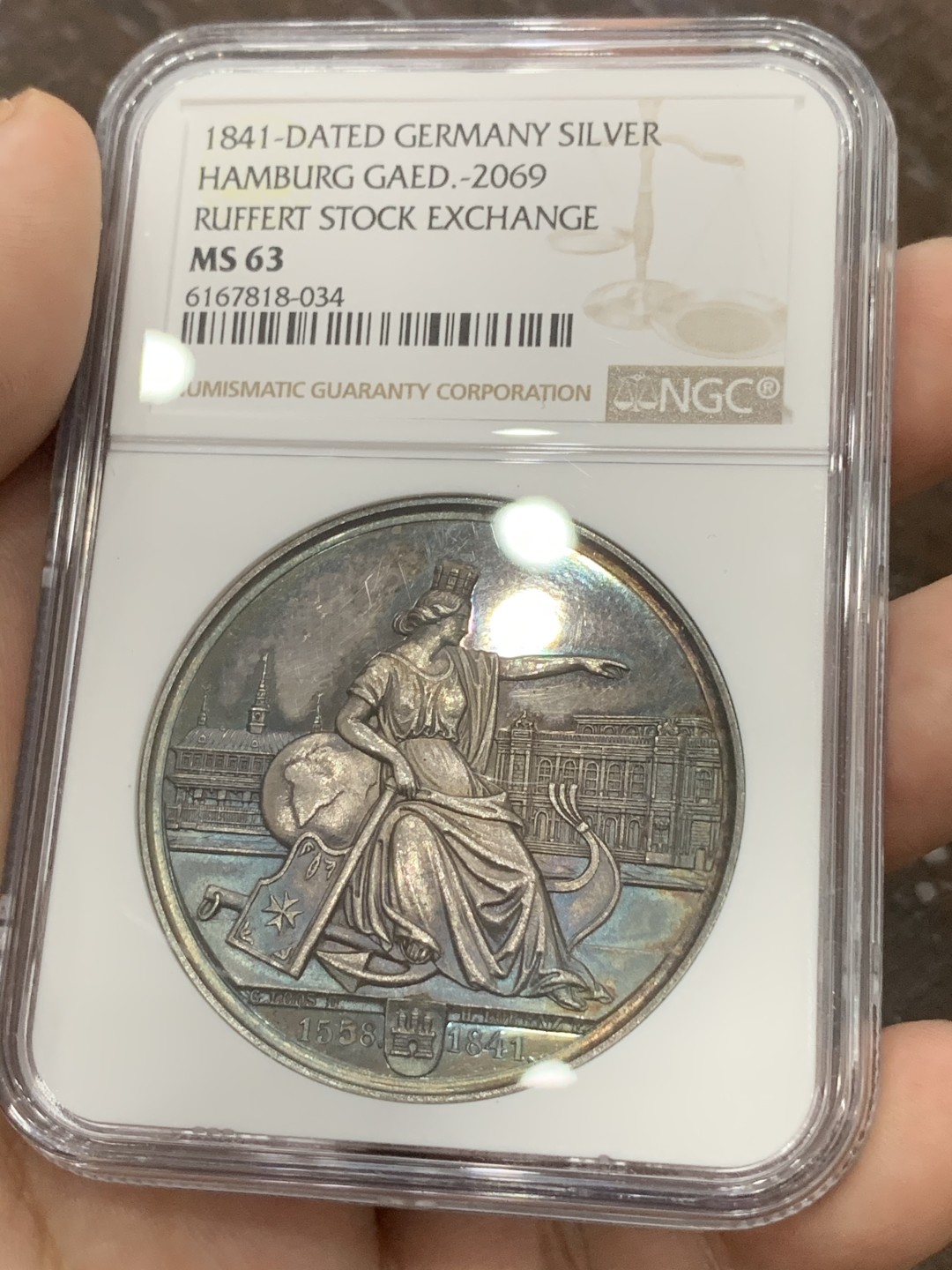 《竞宝斋》第95场-本周日，周一，周四，3场连拍（全场不限金额包邮） NGC MS63德国1841汉堡幻彩新证券交易所落成纪念景观和日耳曼尼娅女神大银章43MM 29G