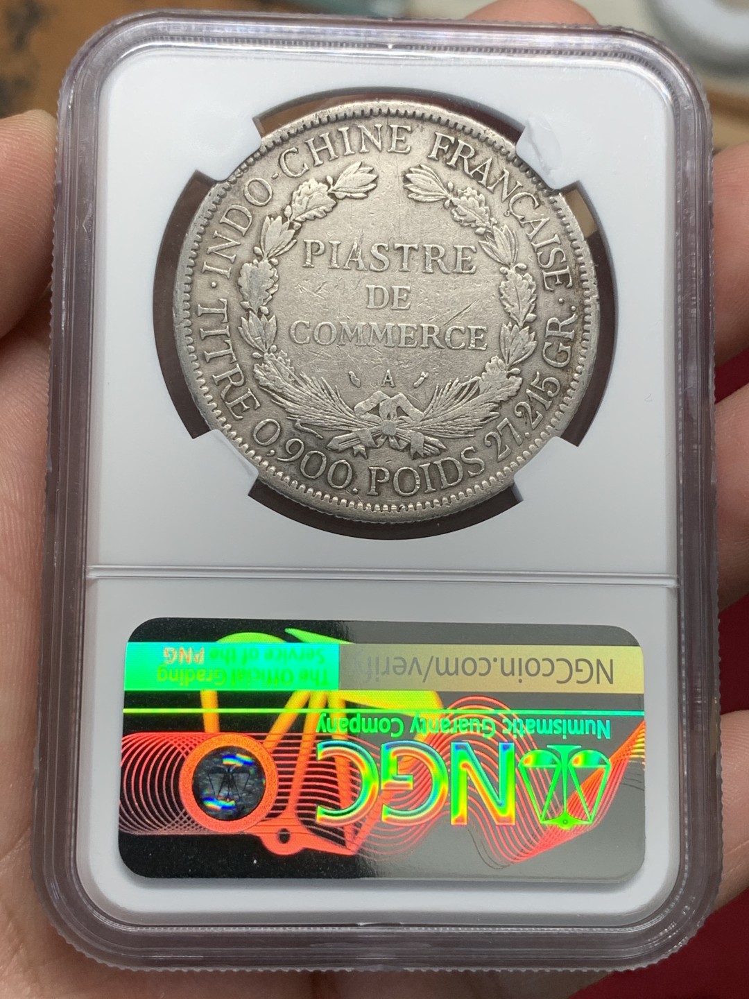《竞宝斋》第95场-本周日，周一，周四，3场连拍（全场不限金额包邮） 加重版 NGC XF品相 法属印度支那1885年坐洋首年加重版1皮亚斯特银币坐洋五珍