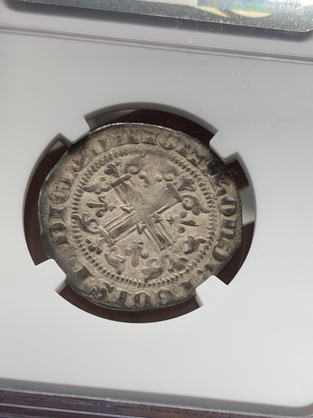 《竞宝斋》第95场-本周日，周一，周四，3场连拍（全场不限金额包邮） NGC XF 40 意大利 那不勒斯 1309-1343年 那不勒斯 1G 银币 人物清晰 包浆也不错 盒子右上角边缘小磕