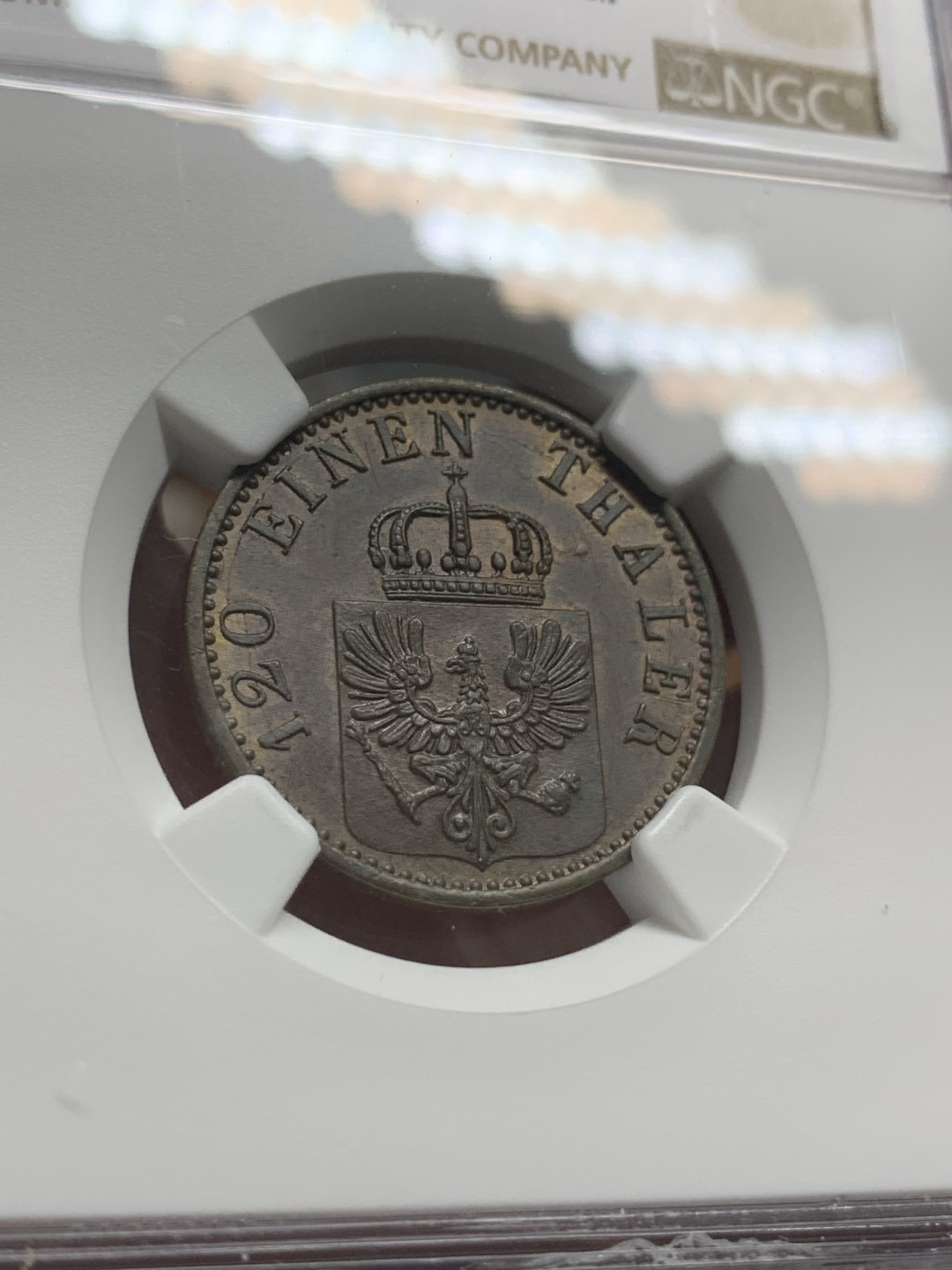 《竞宝斋》第95场-本周日，周一，周四，3场连拍（全场不限金额包邮） NGC-UNCD 普鲁士1870A3芬尼铜币 打制锐利 包浆醇厚只有几道非常微小的划痕 NGC严评了