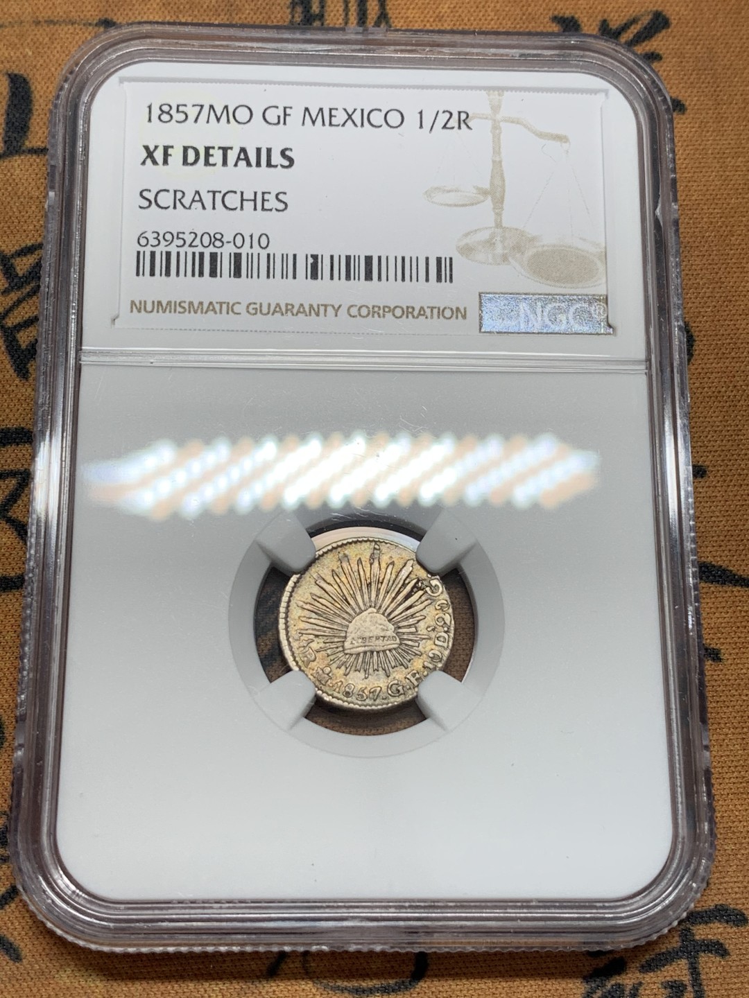 《竞宝斋》第95场-本周日，周一，周四，3场连拍（全场不限金额包邮） NGC-XF 墨西哥1857年 1/2R小鹰洋银币 中期年份 能上XF已经是品好的了