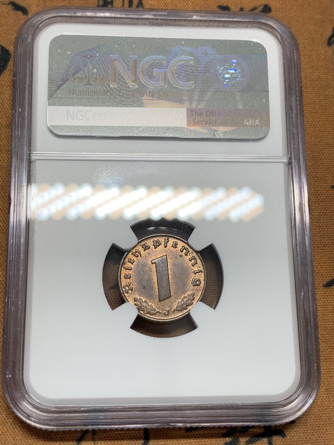 《竞宝斋》第95场-本周日，周一，周四，3场连拍（全场不限金额包邮） NGC-MS63RB  德国 1938J 1芬尼铜币 自然包浆 RB的最美状态