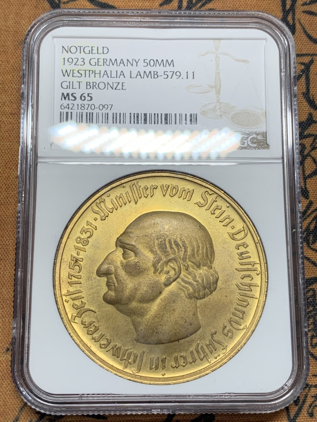 《竞宝斋》第95场-本周日，周一，周四，3场连拍（全场不限金额包邮） NGC-MS65 5000万马克！德国威斯特伐利亚1923年5000万马克马币镀金币，厚重压手，金光闪闪，少见高分！