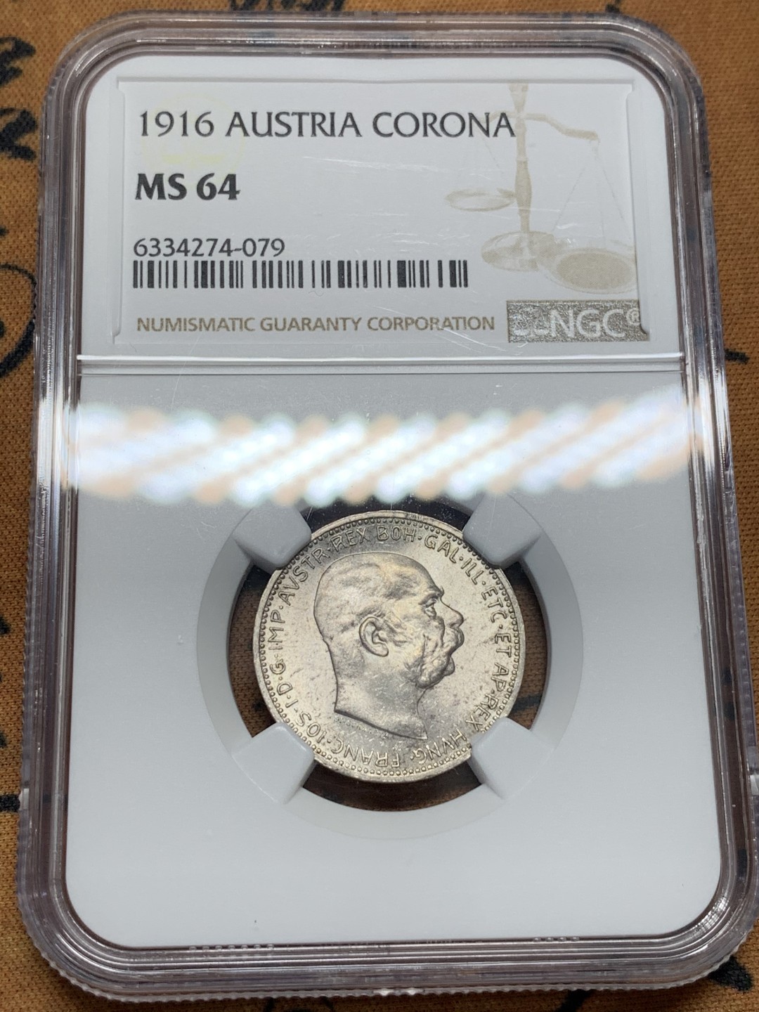 《竞宝斋》第95场-本周日，周一，周四，3场连拍（全场不限金额包邮） NGC-MS64 奥地利1916年茜茜公主老公弗朗茨·约瑟夫一世1克朗银币