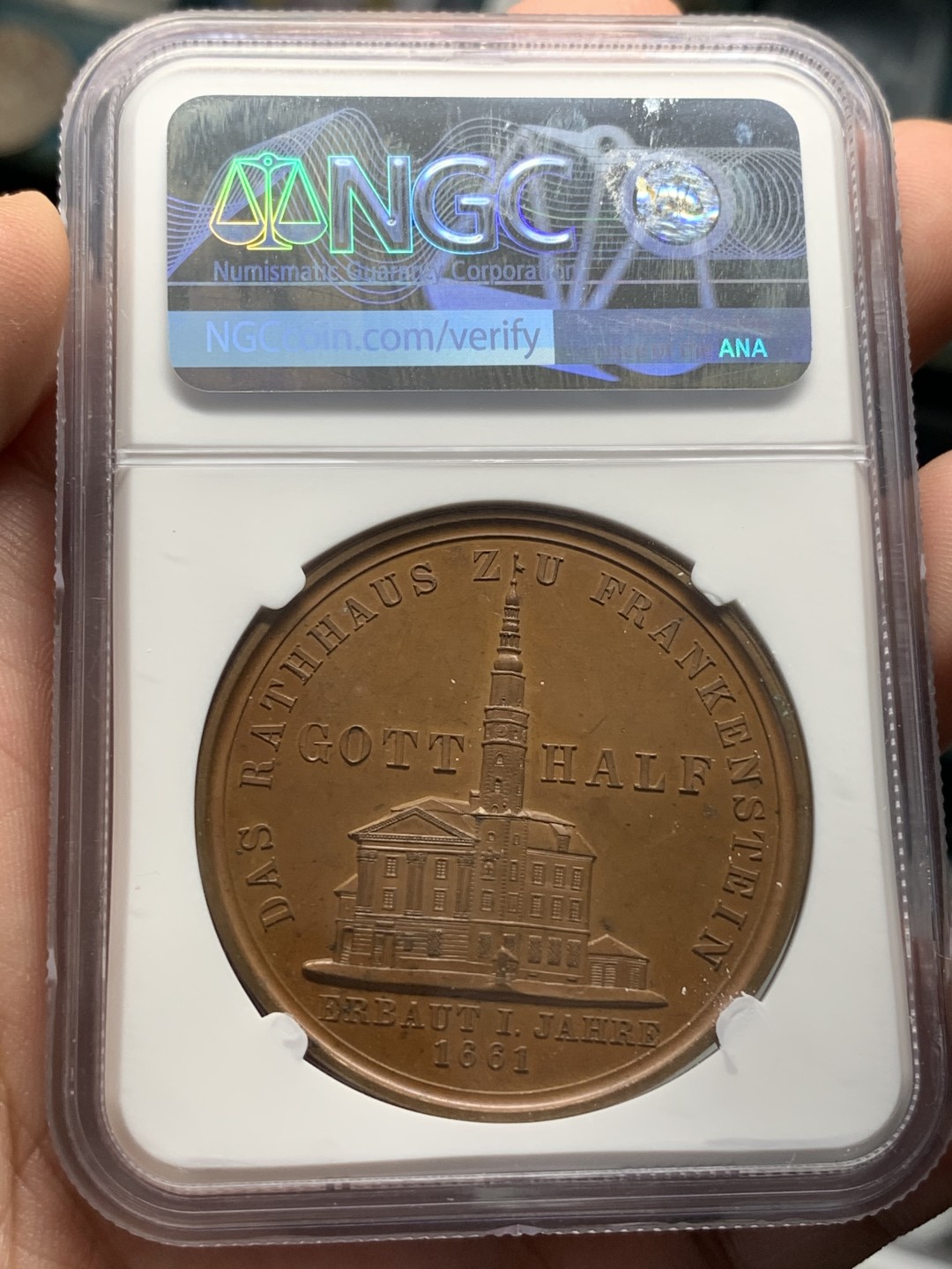 《竞宝斋》第95场-本周日，周一，周四，3场连拍（全场不限金额包邮） NGC MS62 1861 德国佛兰肯斯坦市政厅大火重建铜章 该铜章原材料为市政厅铜顶，发行售卖筹集资金重建市政厅