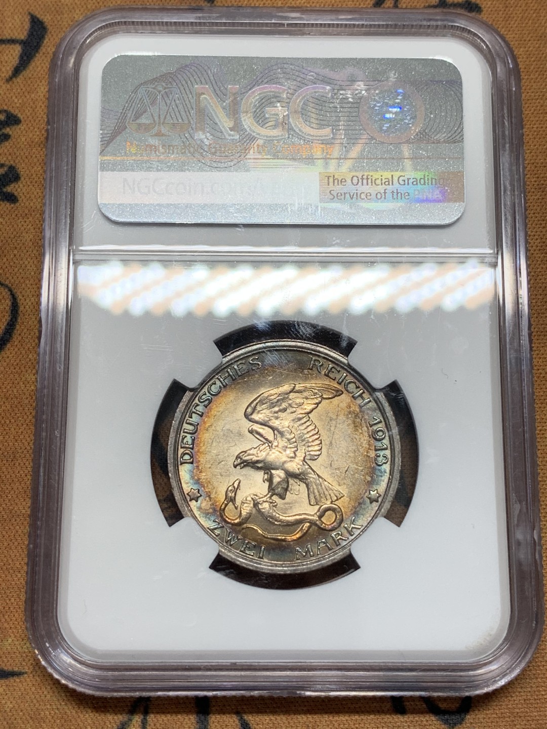 《竞宝斋》第95场-本周日，周一，周四，3场连拍（全场不限金额包邮） NGC-MS61 德国 德意志第二帝国 1913年 普鲁士2马克 战胜拿破仑纪念银币 重彩包浆 浮雕层次分明