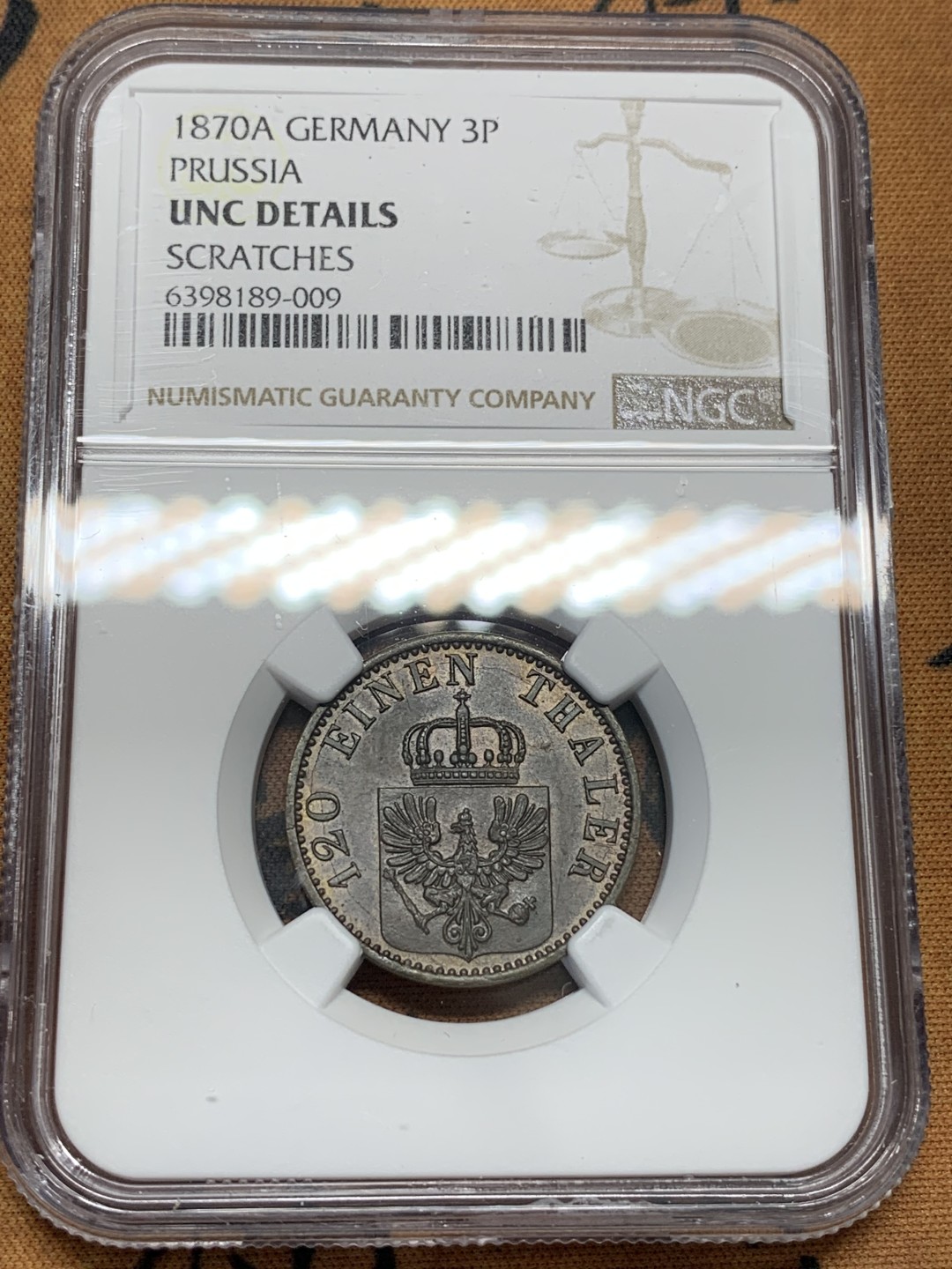 《竞宝斋》第95场-本周日，周一，周四，3场连拍（全场不限金额包邮） NGC-UNCD 普鲁士1870A3芬尼铜币 打制锐利 包浆醇厚只有几道非常微小的划痕 NGC严评了