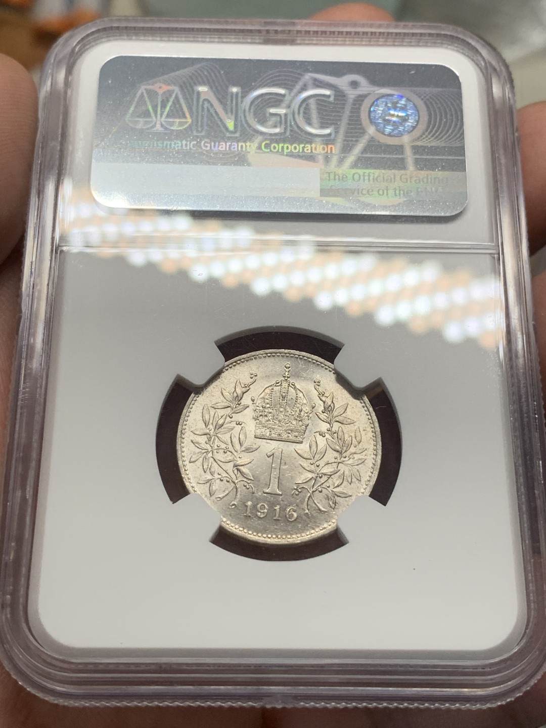 《竞宝斋》第95场-本周日，周一，周四，3场连拍（全场不限金额包邮） NGC-MS64 奥地利1916年茜茜公主老公弗朗茨·约瑟夫一世1克朗银币