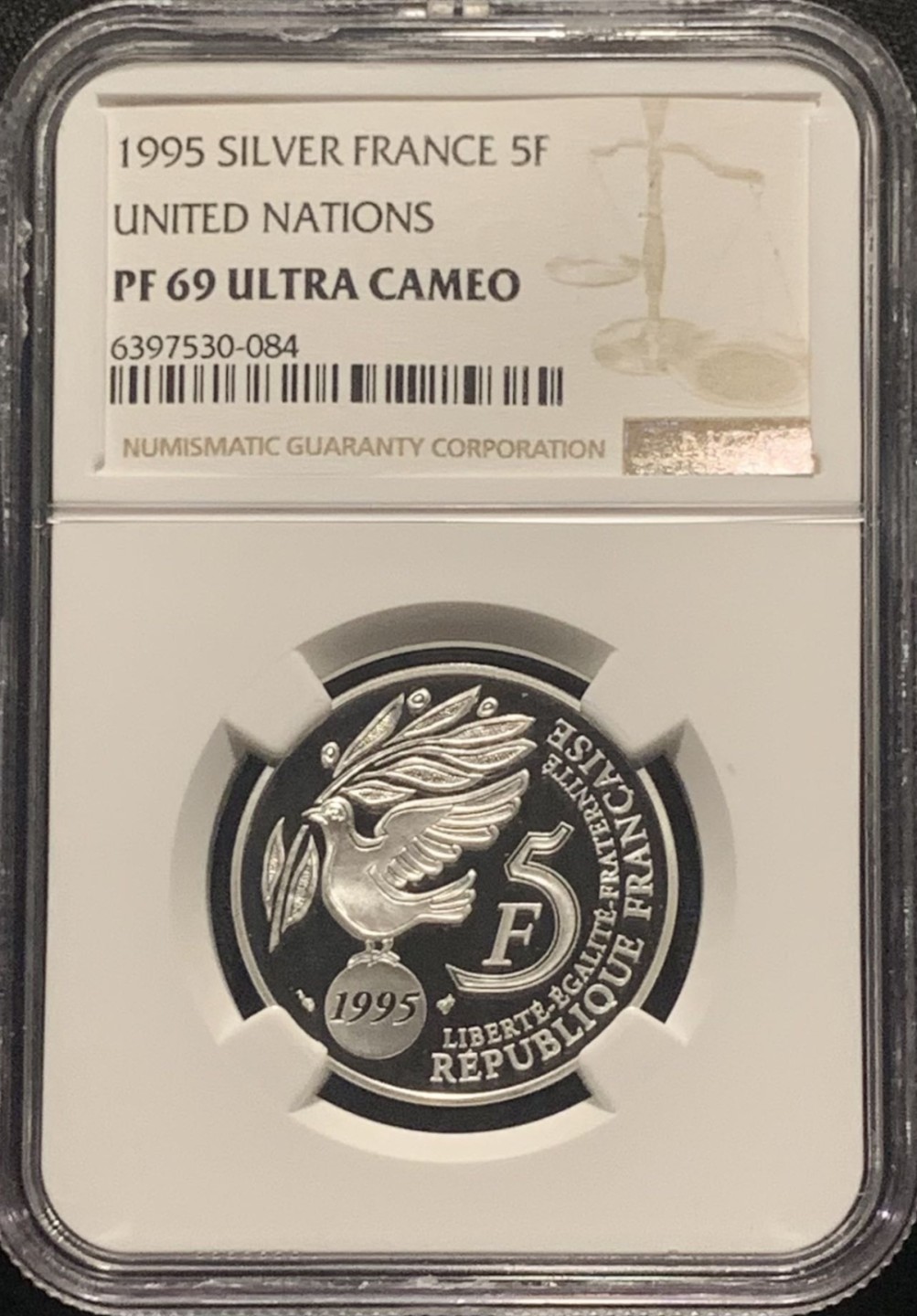 紫瑗钱币——第244期拍卖 法国 1995年 联合国成立50周年 和平鸽 5法郎 银币 NGC PR69 UC