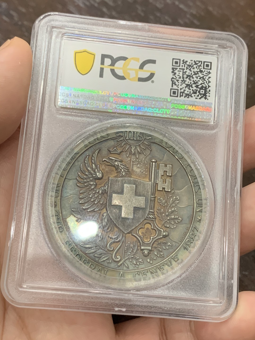 《竞宝斋》第95场-本周日，周一，周四，3场连拍（全场不限金额包邮） PCGS-MS62 1887 瑞士日内瓦射击节 银章 细节好 淡金包浆围绕人像 非常漂亮
