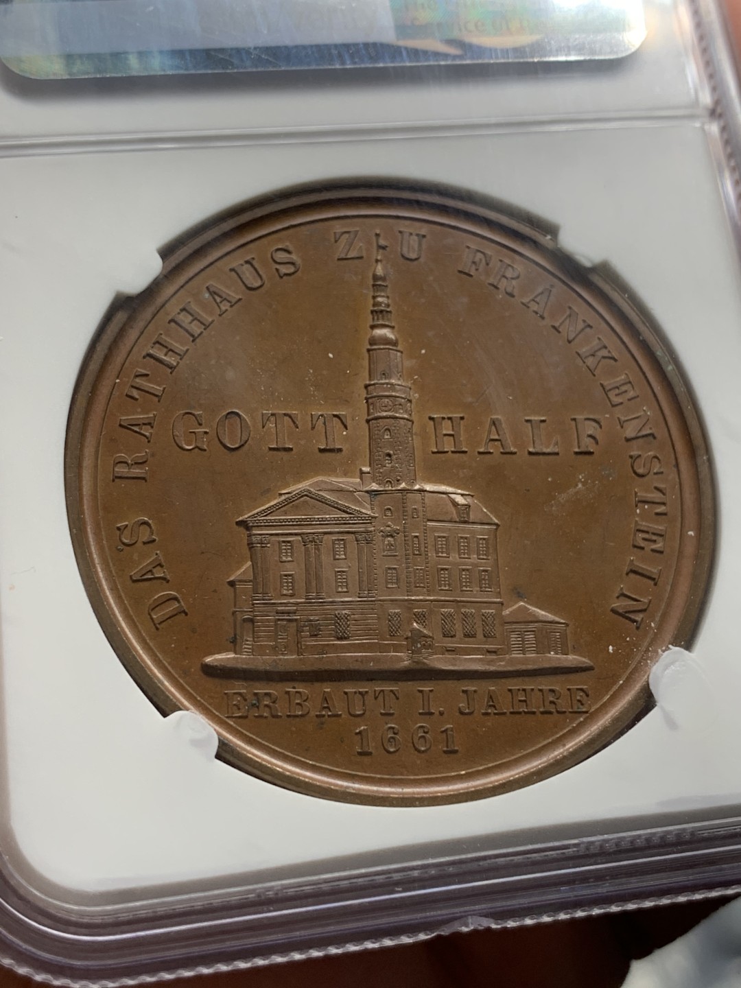 《竞宝斋》第95场-本周日，周一，周四，3场连拍（全场不限金额包邮） NGC MS62 1861 德国佛兰肯斯坦市政厅大火重建铜章 该铜章原材料为市政厅铜顶，发行售卖筹集资金重建市政厅