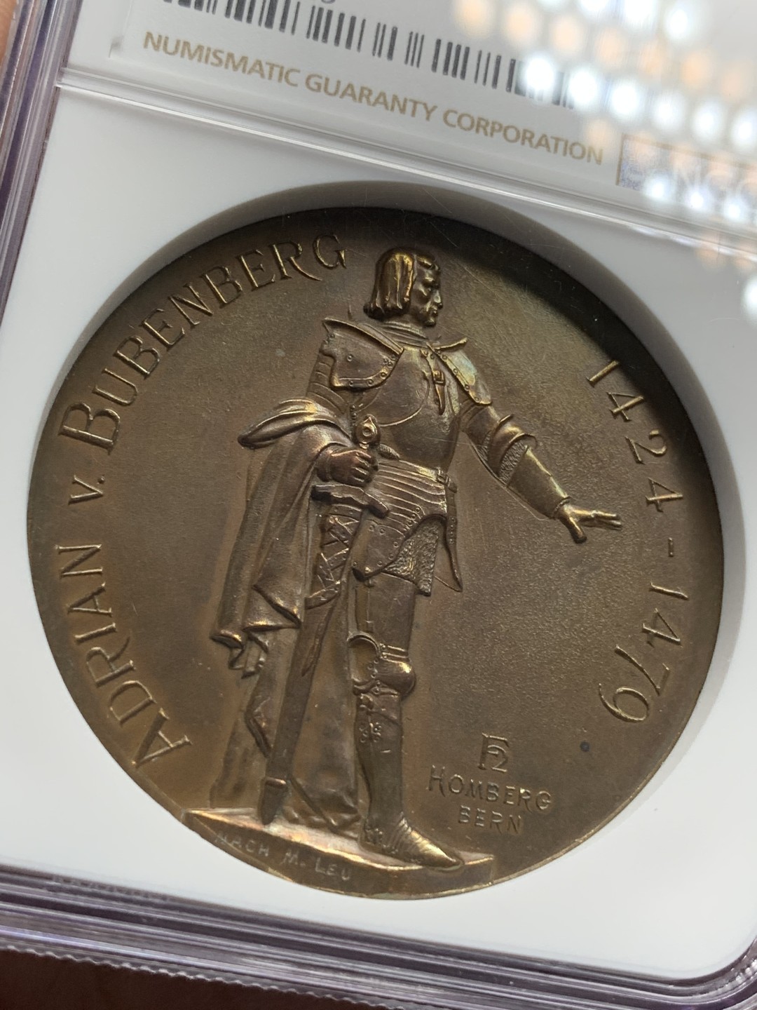 《竞宝斋》第95场-本周日，周一，周四，3场连拍（全场不限金额包邮） NGC-MS61BN 1897年瑞士伯尔尼射击节铜章 加厚盒，章面状态漂亮  45mm