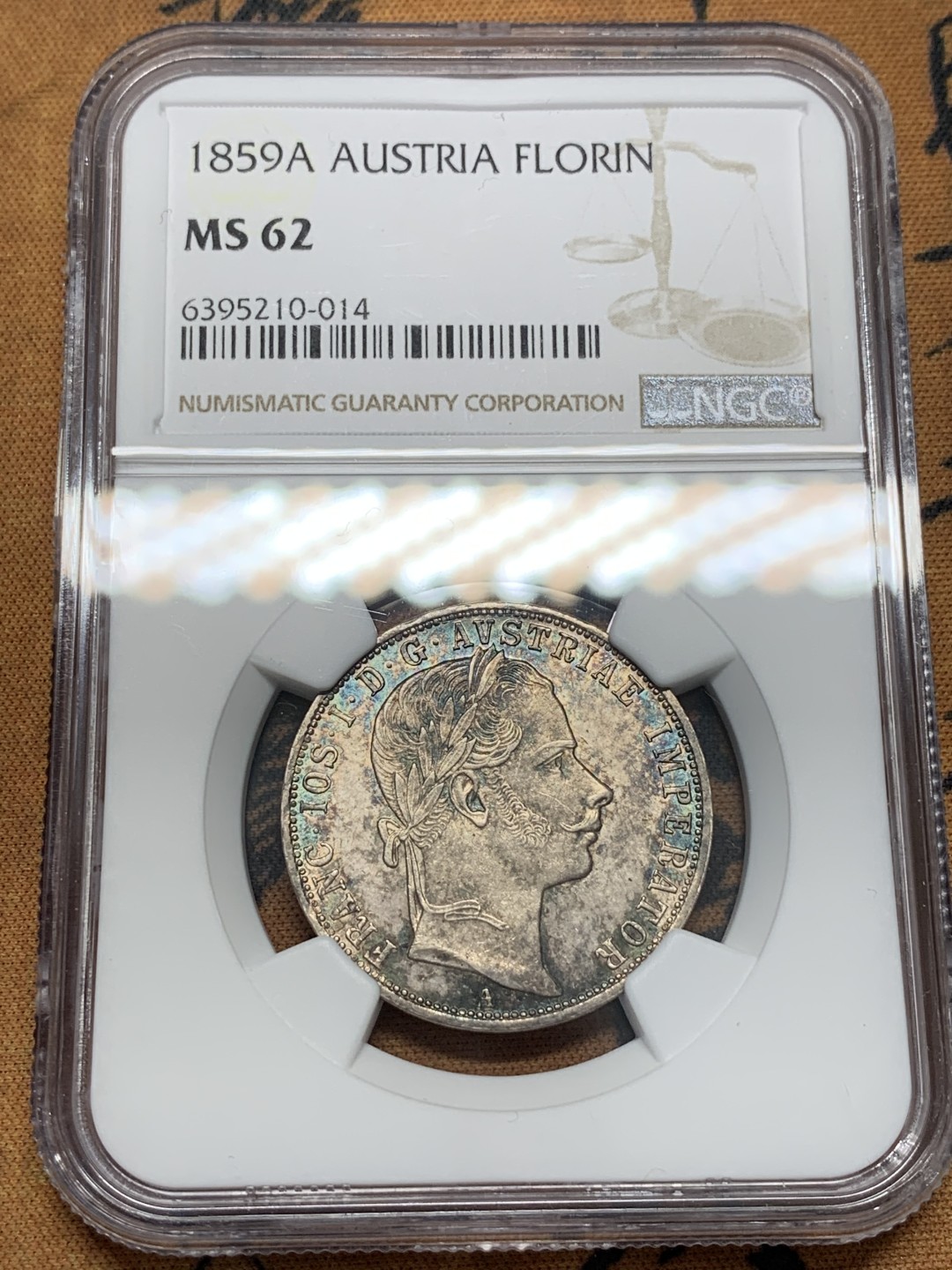 《竞宝斋》第95场-本周日，周一，周四，3场连拍（全场不限金额包邮） NGC-MS62 奥地利 1859年 佛兰茨一世 1福林银币 暴涨品种