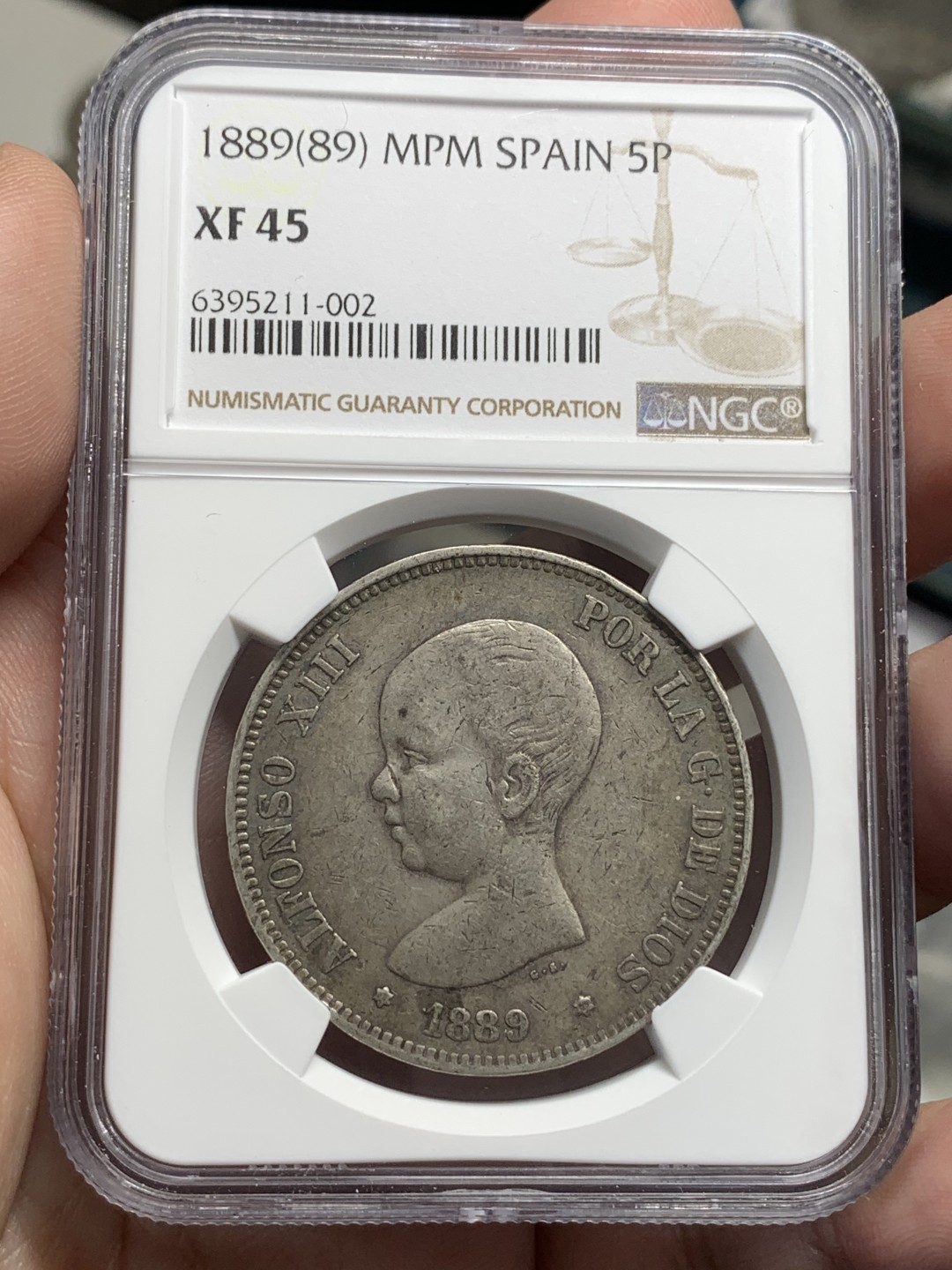 《竞宝斋》第95场-本周日，周一，周四，3场连拍（全场不限金额包邮） NGC-XF45 西班牙1889年 阿方索十三世 5比塞塔双柱大银币 原味好品