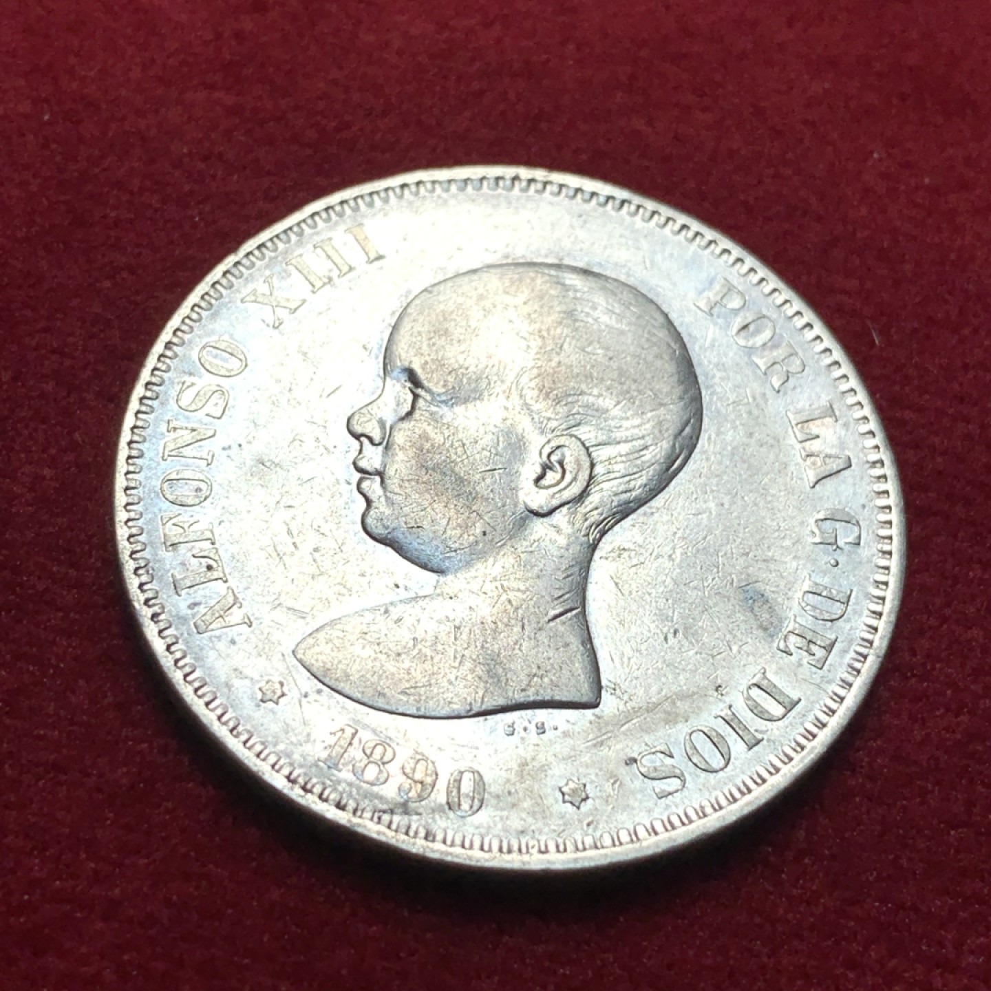 《竞宝斋》第95场-本周日，周一，周四，3场连拍（全场不限金额包邮） 1890年西班牙阿方索十三世婴儿头5比塞塔银币 还能看到点头发 通货好品