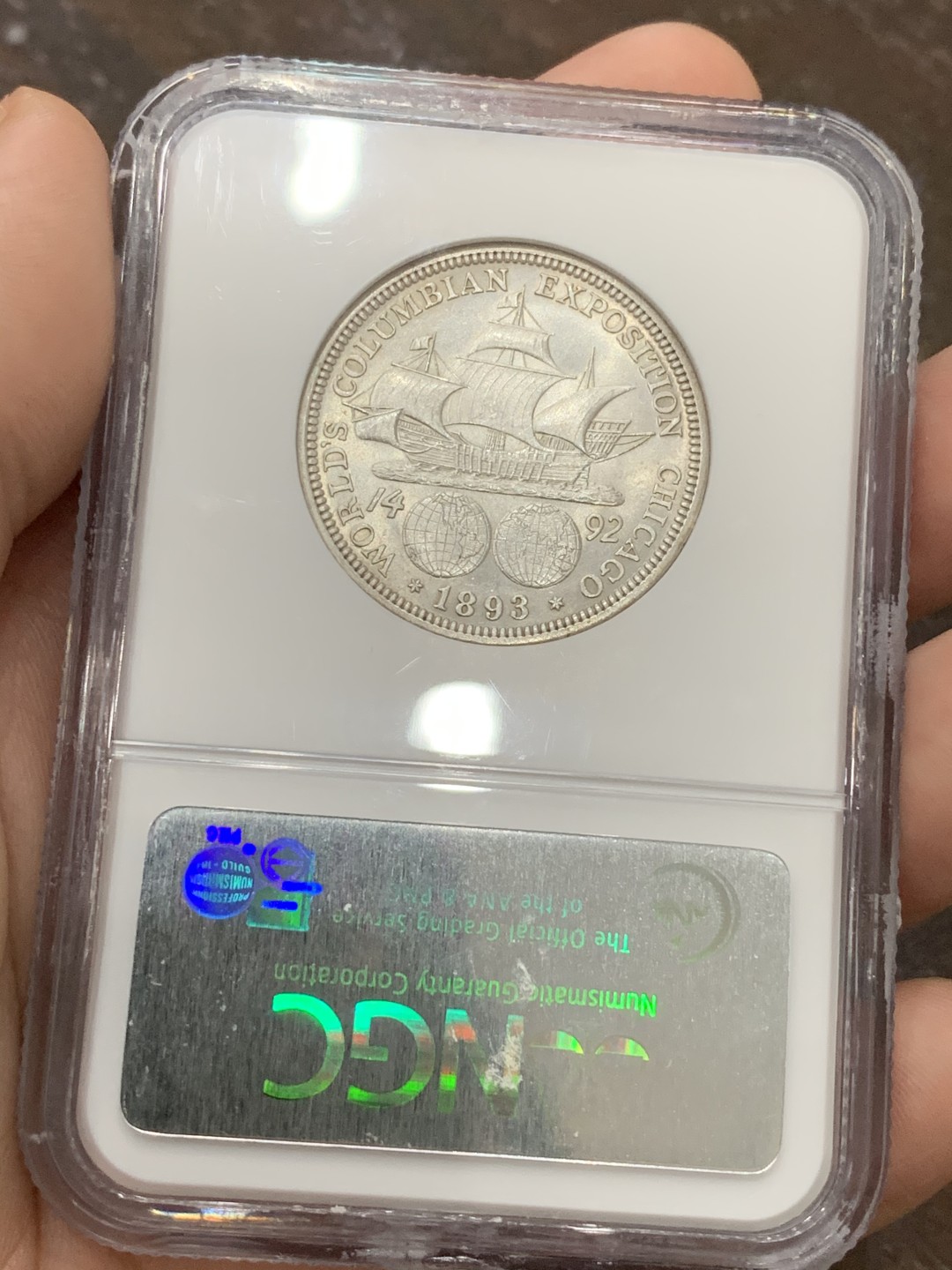 《竞宝斋》第95场-本周日，周一，周四，3场连拍（全场不限金额包邮） NGC-MS64 美国 1893年 50美分 哥伦布纪念 银币 热门品种，ngc老盒  新月包浆很漂亮