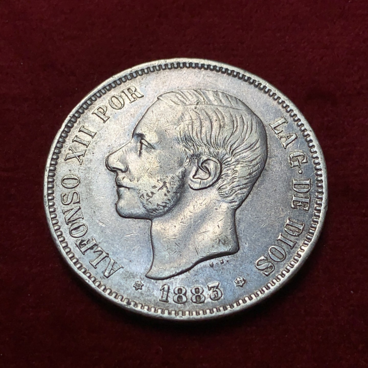 《竞宝斋》第95场-本周日，周一，周四，3场连拍（全场不限金额包邮） 1883年西班牙阿方索十二世5比塞塔银币 通货好品