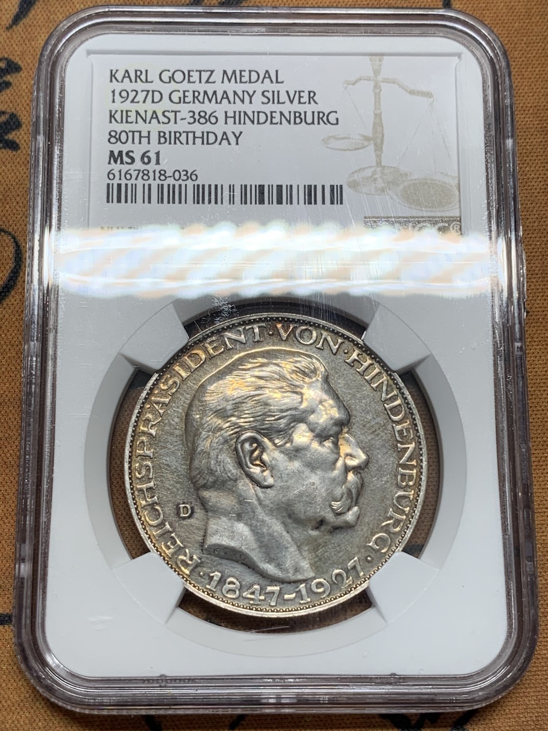 《竞宝斋》第95场-本周日，周一，周四，3场连拍（全场不限金额包邮） NGC MS61 德国 卡尔哥茨 设计 1927年 兴登堡80大寿纪念五马克币章