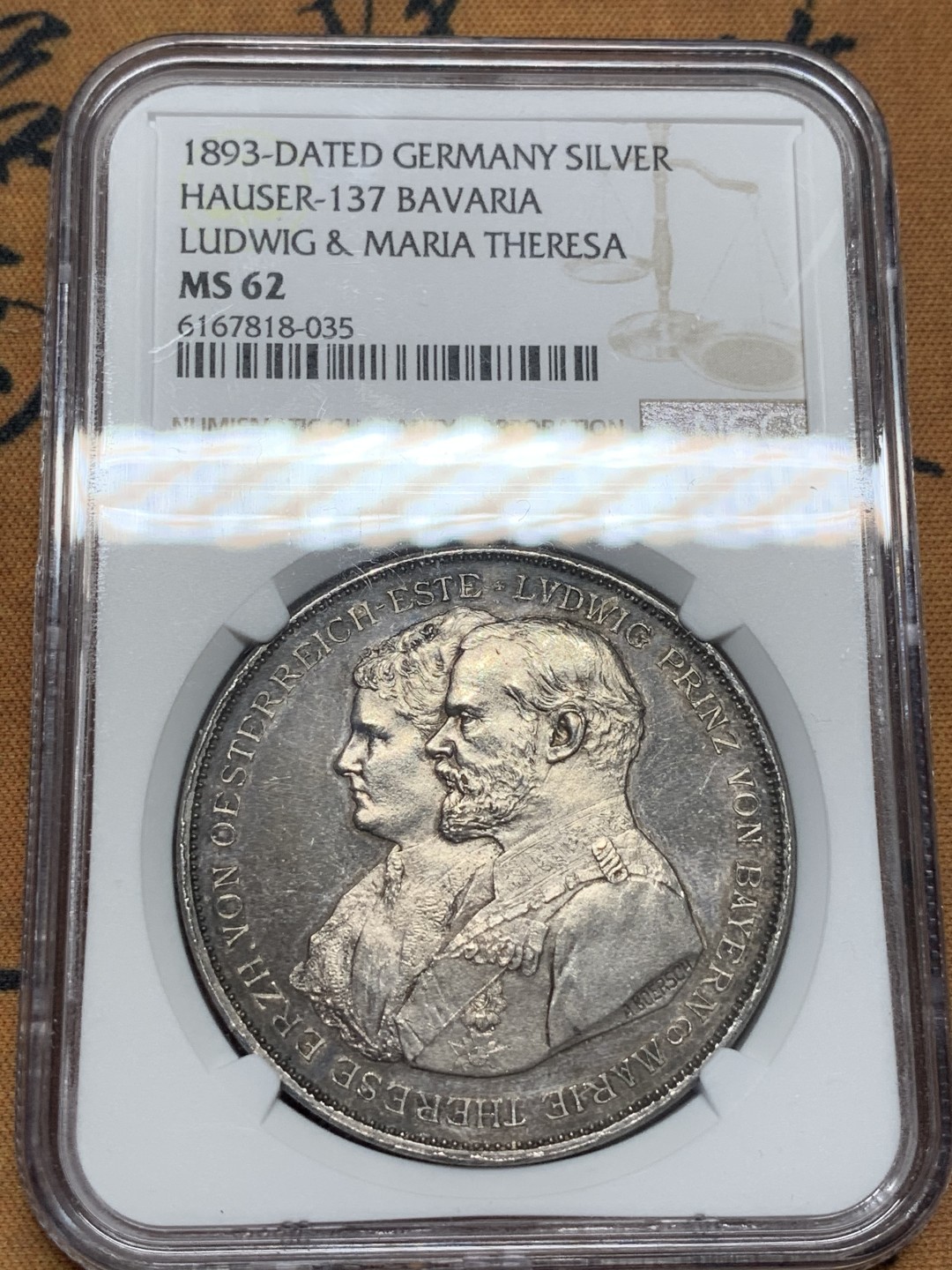 《竞宝斋》第95场-本周日，周一，周四，3场连拍（全场不限金额包邮） NGC MS62 德国1893年 巴伐利亚 利奥波德银婚 子孙树 2泰勒型大银章