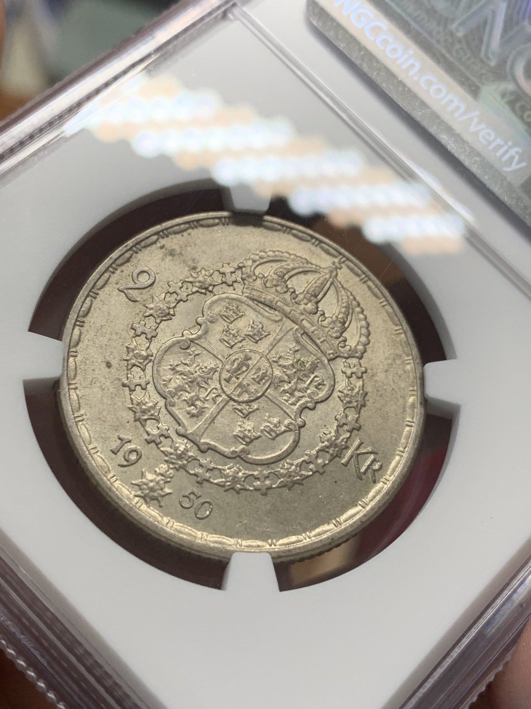 《竞宝斋》第95场-本周日，周一，周四，3场连拍（全场不限金额包邮） NGC-MS63 瑞典1950年 古斯塔夫五世 2克朗银币 原光好品 少见品种