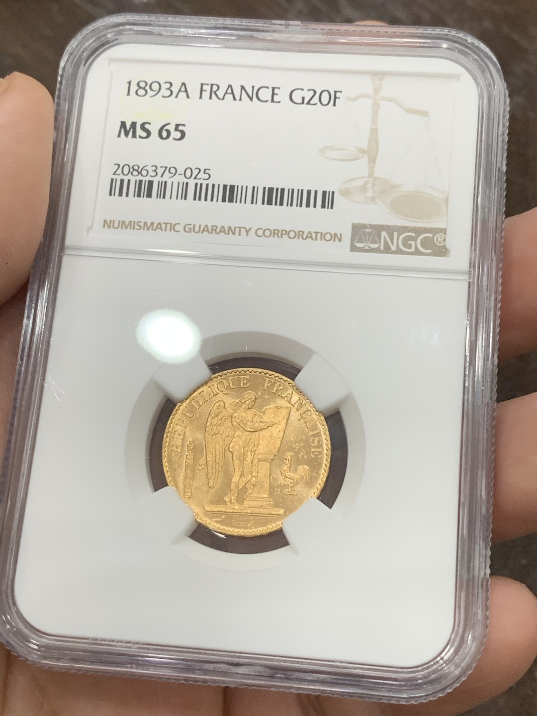 《竞宝斋》第95场-本周日，周一，周四，3场连拍（全场不限金额包邮） NGC-MS65,法国20法郎 天使金币，1893年稀少年份，车轮光高分好品相。