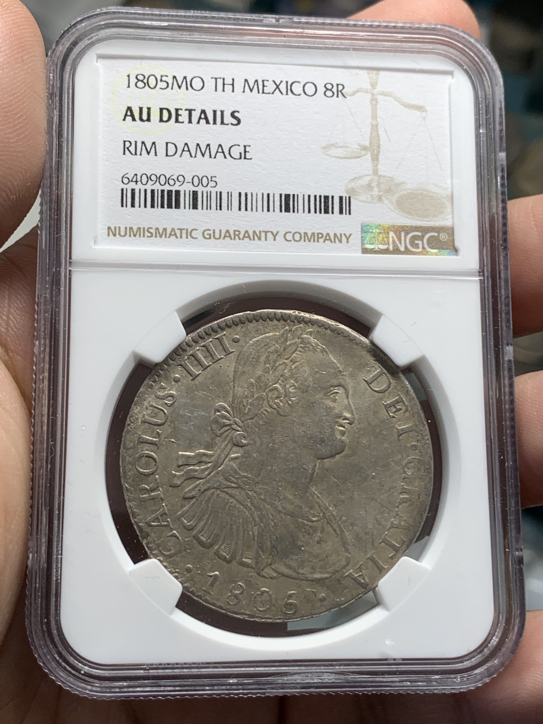 《竞宝斋》第95场-本周日，周一，周四，3场连拍（全场不限金额包邮） NGC AU 墨西哥 1805年 卡四 8里亚尔 双柱大银币 双面深打 带包浆